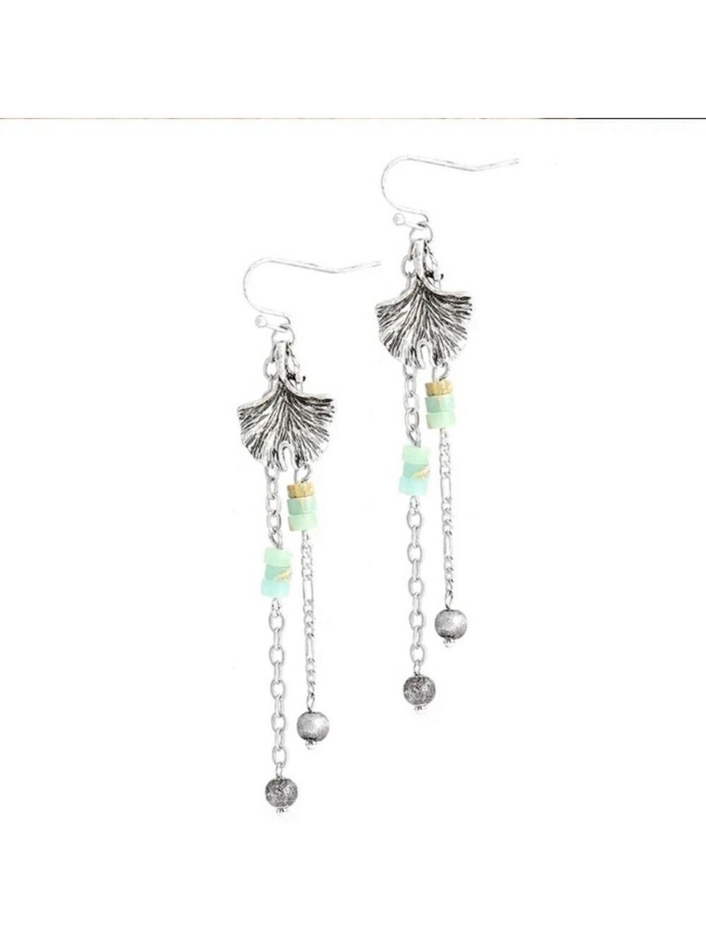 Amazonite Jasper Beaded Dangle Chain Earrings Silver Leaf Artisan - Picture 2 of 5